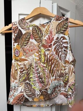 Tropical Leaf Print Sleeveless Tank - Brown Multi